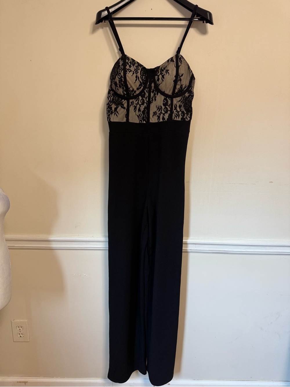 Fashion Nova Black Lace Bodice Wide-Leg Jumpsuit with Spaghetti Straps - Picture 2 of 8